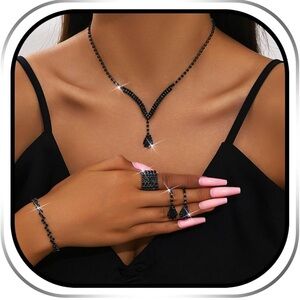 Black Crystal Matching Earrings Rhinestone Necklace and Ring New